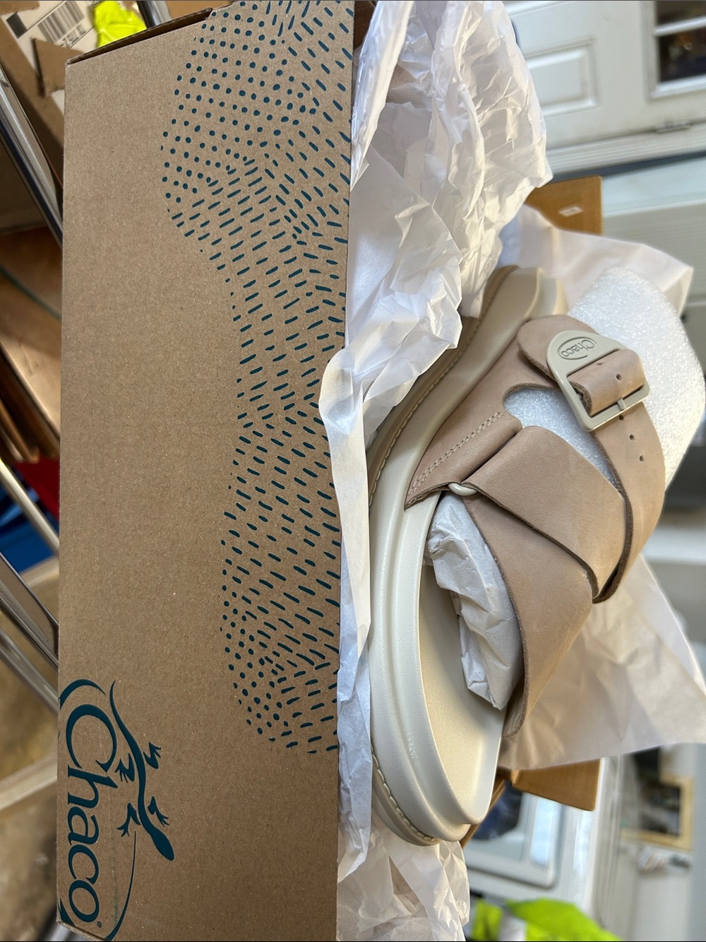 Chaco Beige Slide Sandals with Buckle Accent